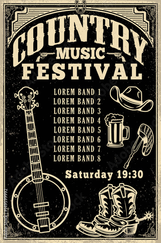 Country music festival poster template. Cowboy hat, cowboy boots, banjo. Vector illustration