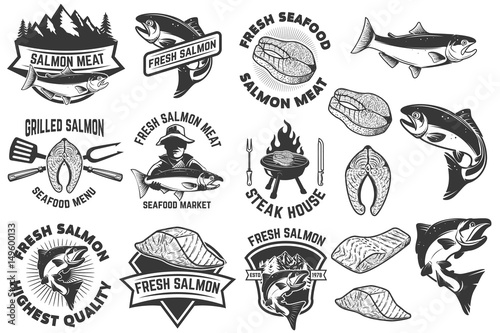 Salmon meat labels and badges. Seafood grill. Fish steak. Design elements for label, emblem, sign. Vector illustration
