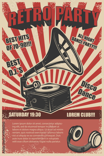Retro party. Vintage gramophone on grunge background. Design elements for poster. Vector illustration