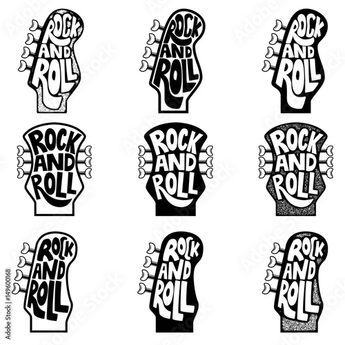 Rock and roll. Set of hand drawn phrase on guitar neck head background. Design element for poster, emblem, sign. Vector illustration