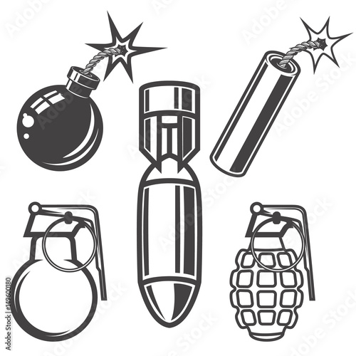 Set of bomb, grenade, dynamite stick illustrations on white background. Vector illustration