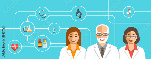 Doctors team with medical icons. Health care flat vector background. Professional hospital services concept. Medical staff smiling faces. Senior man therapist with female physicians