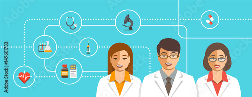 Doctors team with medical icons. Health care flat vector background. Professional hospital services concept. Medical staff smiling faces. Young man therapist with female physicians