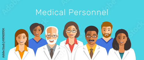 Doctors and nurses team cheerful portraits. Health care flat vector background. Professional hospital services concept. Medical staff smiling faces. Multicultural men therapists with female physicians