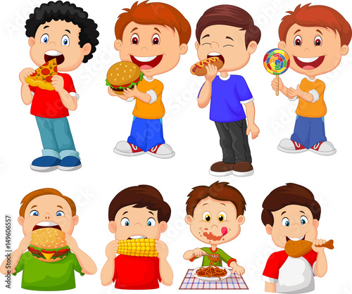 Collection of cartoon little boy eating fast food