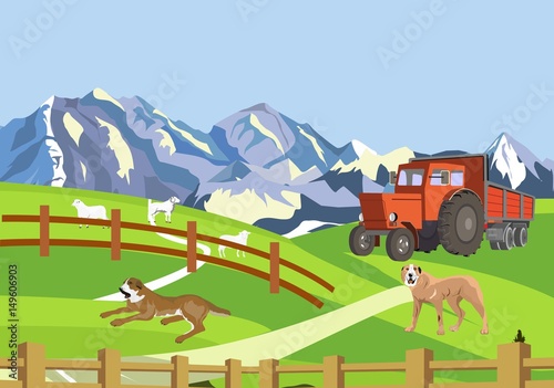 Vector landcape countryside, mountains, green hills