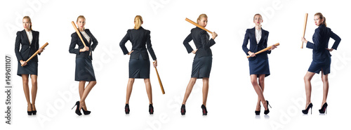 Businesswoman with baseball bat on white © Elnur