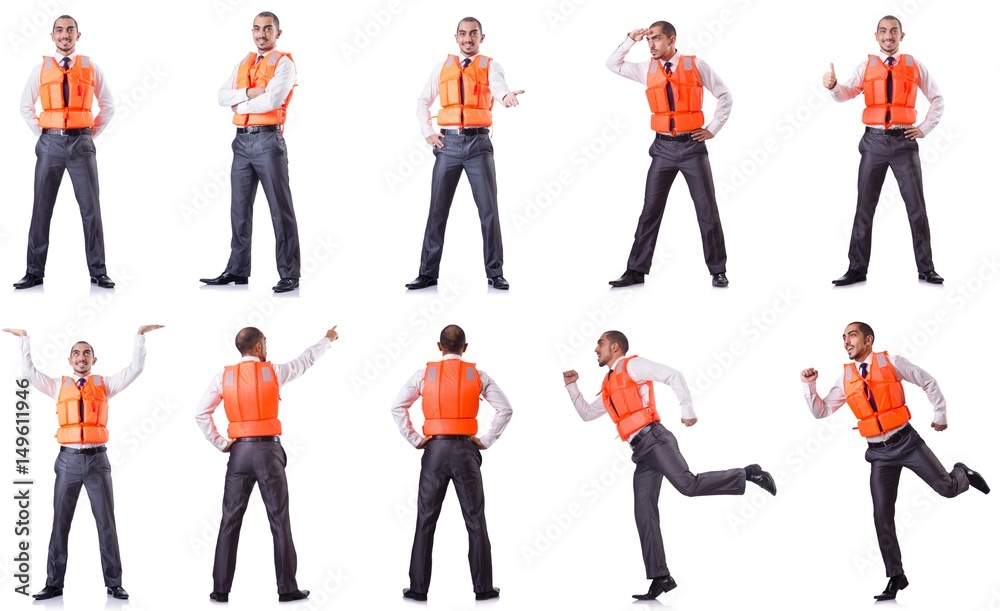 Obraz premium Man in life jacket isolated on white