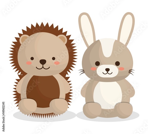 cute porcupine and rabbit  animals icon over white background. colorful design. vector illustration