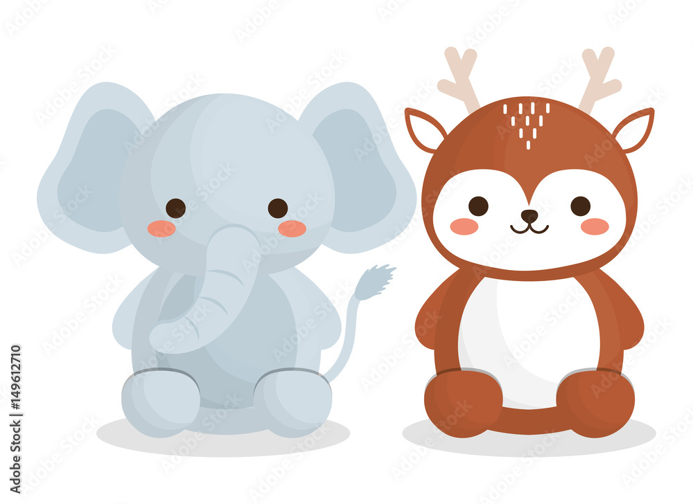 Naklejka premium cute elephant and deer animals icon over white background. colorful design. vector illustration