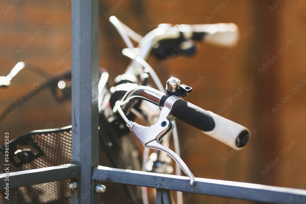 Steering wheel of city bicycle close up photo. Steering wheel of city bicycle close up photo.