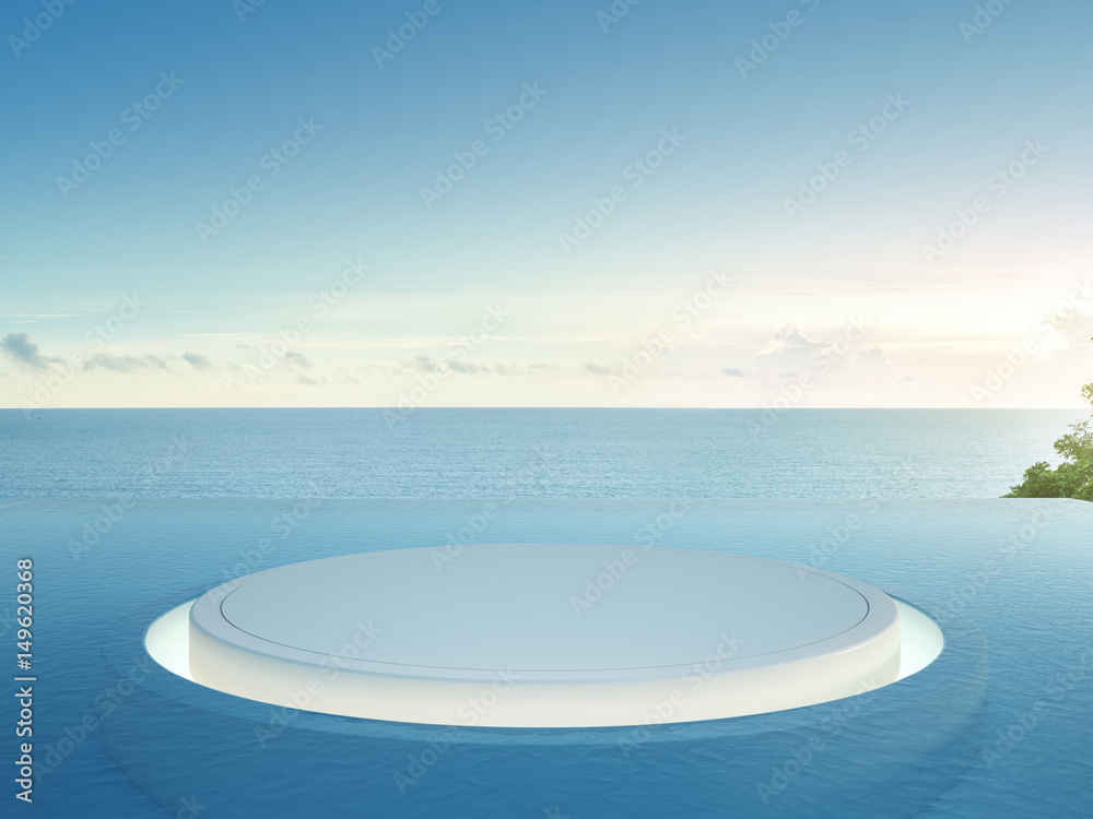 White empty floor for product display with luxury sea view swimming pool background - 3d rendering of stage and pond