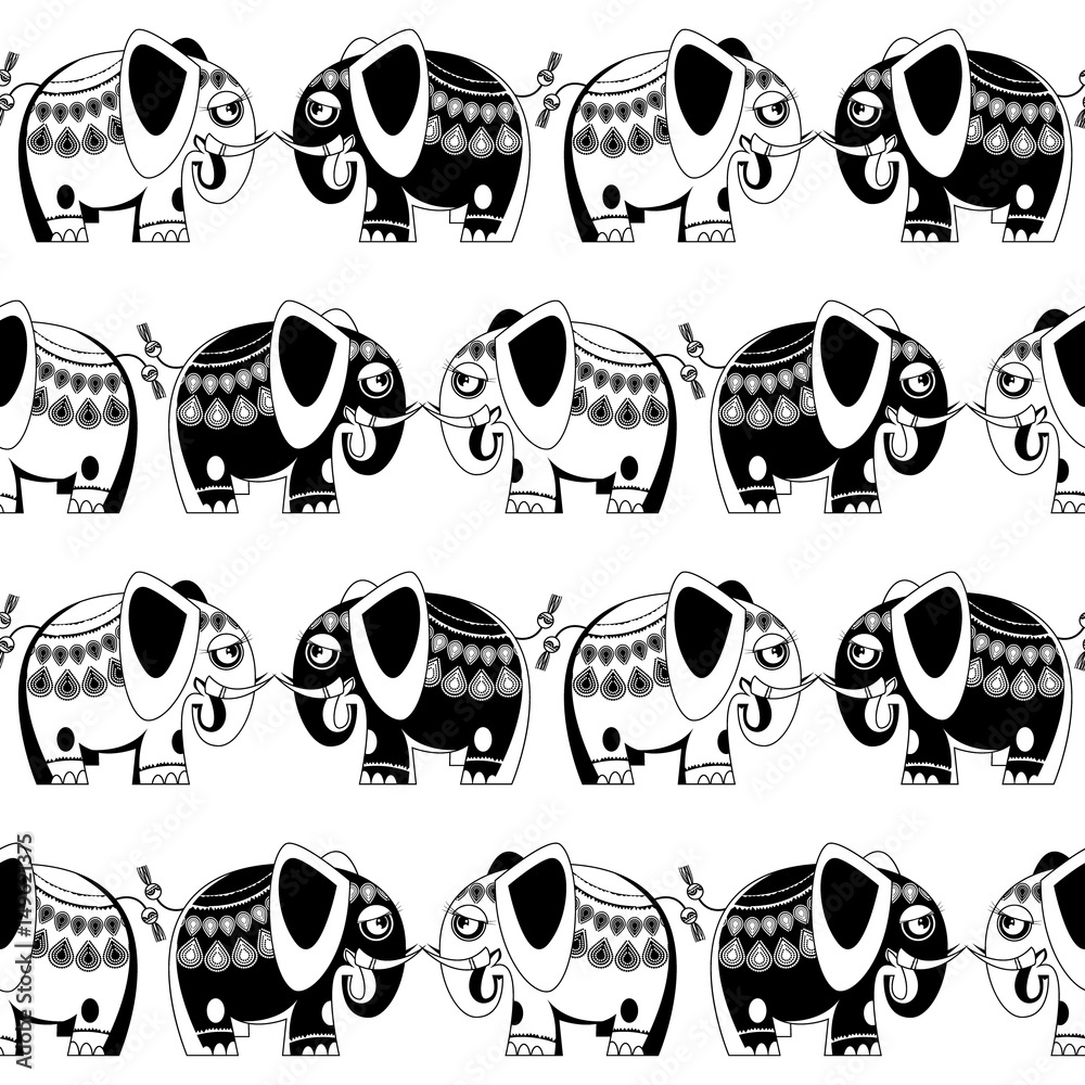 Decorated blue and pink elephants. Seamless background pattern. Black and white. Decorated blue and pink elephants. Seamless background pattern. Black and white.