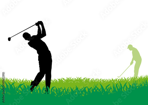Golf club competition tournament background. Vector poster with man playing game on green