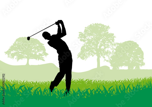 Golf club competition tournament background. Vector poster with man playing game on green