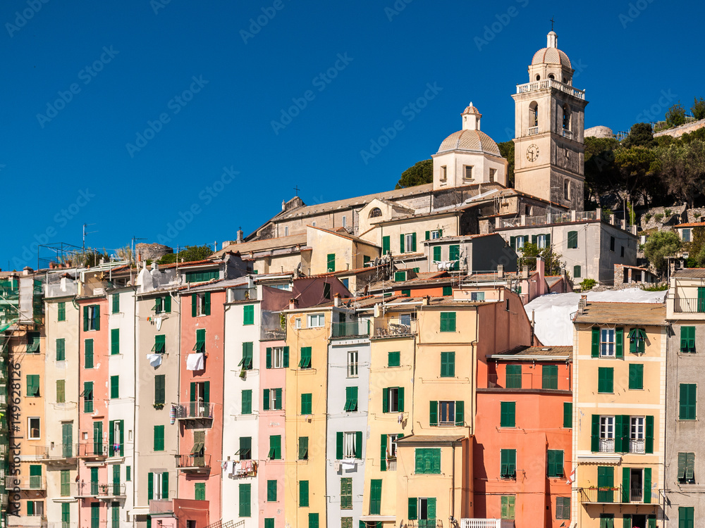 Typical colored houses in the seafront of Portovenere, small village in Liguria (northern Italy); it is called 