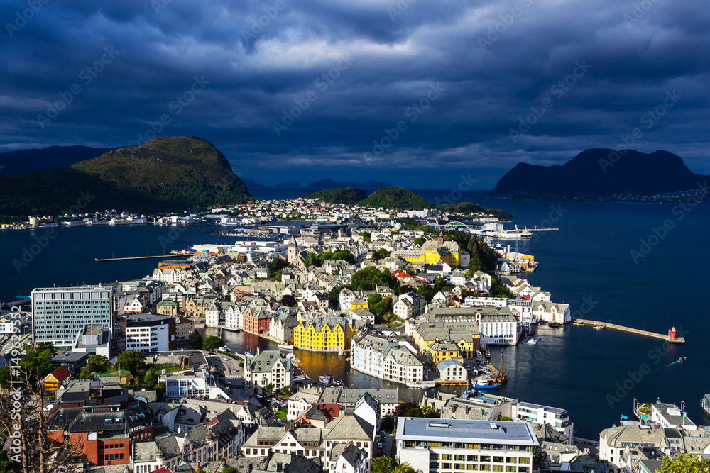 A landscape photo of the city of Alesund in Norway. Picture taken September 2016. 