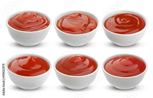 Tomato ketchup in bowl isolated on white background. Collection