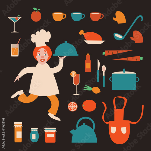 Set of kitchen equipment and food. Cartoon chef cook. 