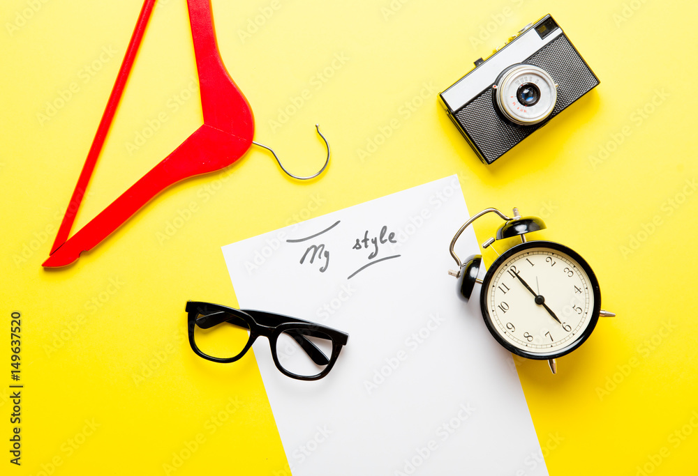 paper My Style, hanger, alarm clock, camera and glasses paper My Style, hanger, alarm clock, camera and glasses