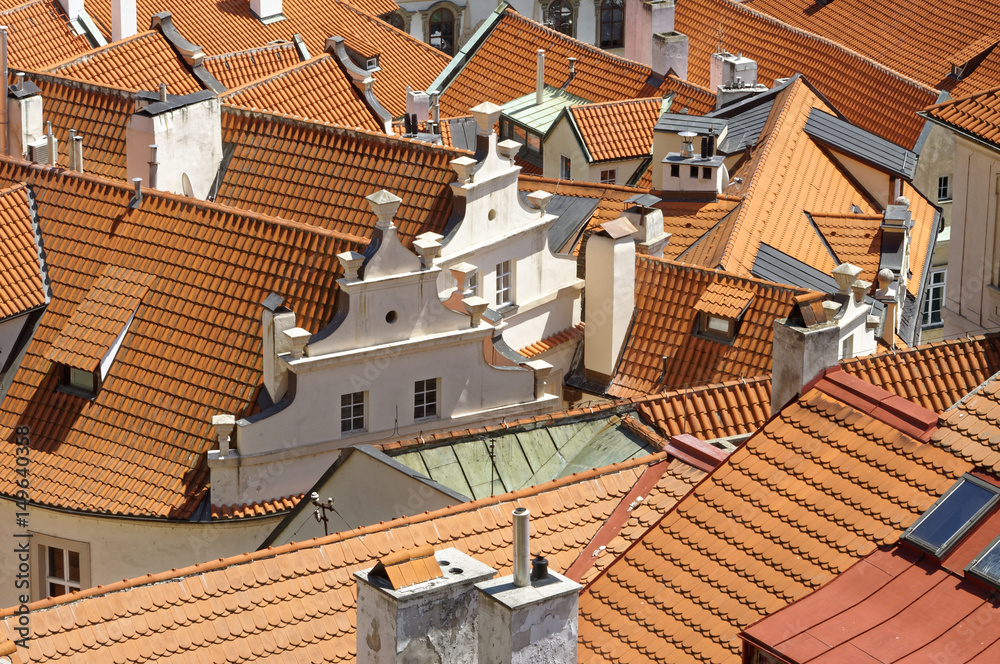 Piles of building with red roof