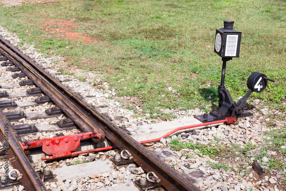 the classic narrow gauge railway train points lever (railway shunt or