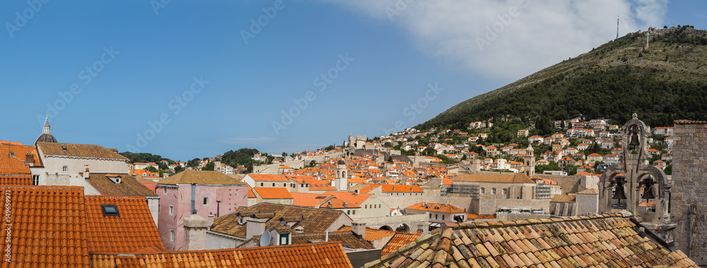 Panorama looking across Dubrovnik's old town towards Srd Mountain