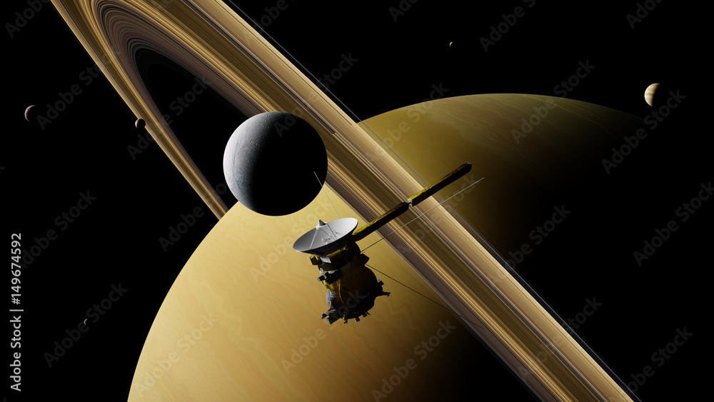 Fototapeta premium Saturn's moon Enceladus and spacecraft Cassini–Huygens in front of planet Saturn, rings and other moons