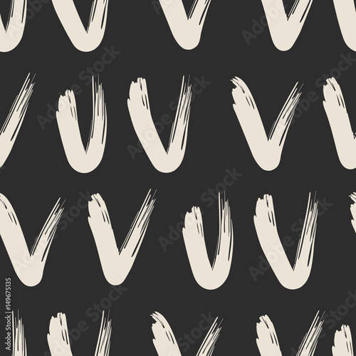Seamless pattern with white hand-drawn check marks on black background. Vector illustration.