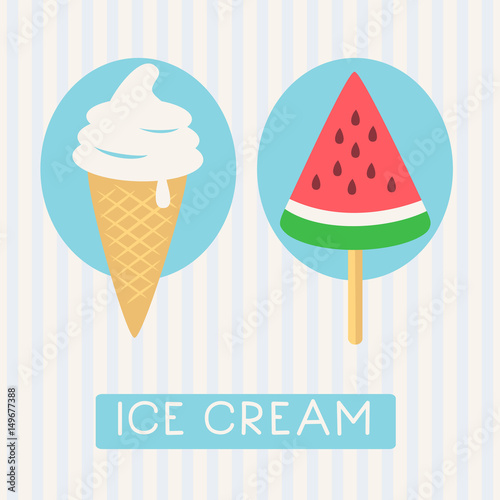 Summer time card. Watermelon popsicle and ice cream icons. Vector illustration.