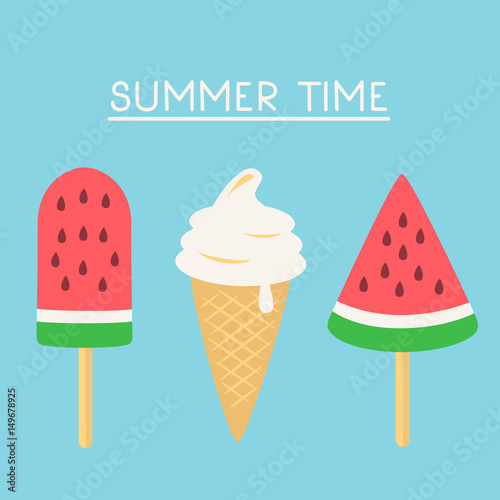Summer time card. Watermelon popsicle and ice cream icons. Vector Set.