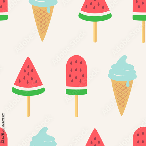 Seamless pattern with watermelon popsicle and ice cream. Vector illustration.