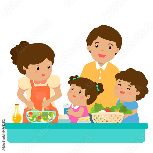Happy family cook healthy food together cartoon character vector.