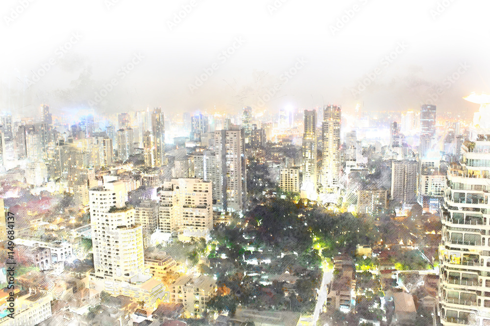 Fototapeta premium abstract building at night watercolor paint, Building at night watercolor