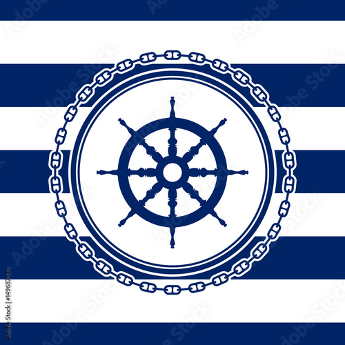 Round Marine Emblem Ship's Wheel and Chain on a Striped Background, Vector Illustration