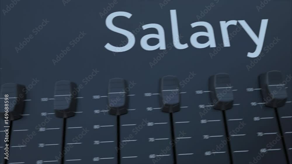 Multiple sliding faders on a panel with salary inscription. Conceptual 4K clip