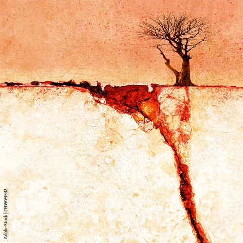 Red surreal landscape with single bare tree.