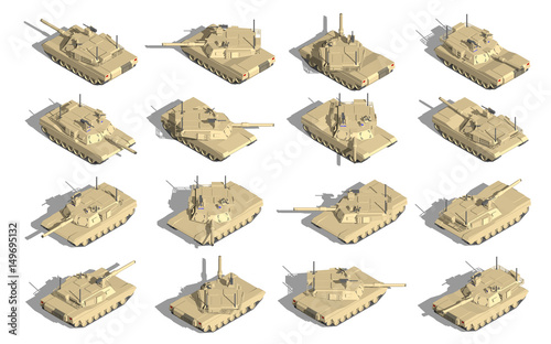 Military Transportation isometric vector. tank with turret machine gun.