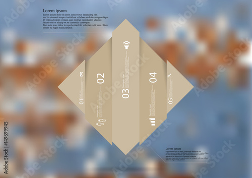 Illustration infographic template with rhombus vertcally divided to five shifted brown parts