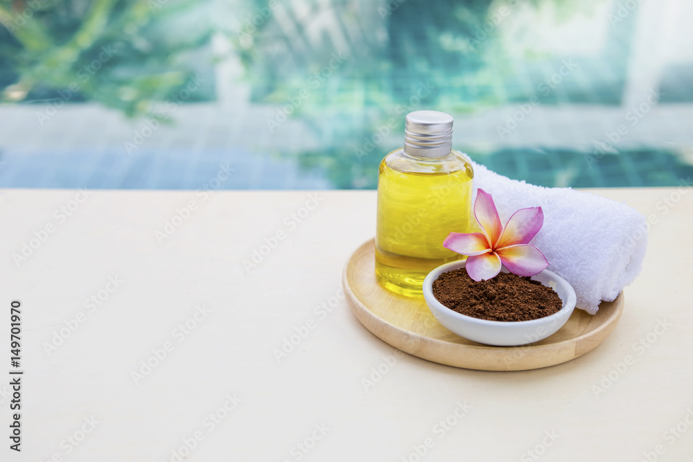 Spa concept background, Spa set over blurred swimming pool background ...
