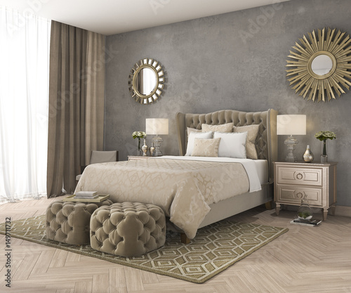 3d rendering classic luxury bedroom with pouf and mirror and concrete wall