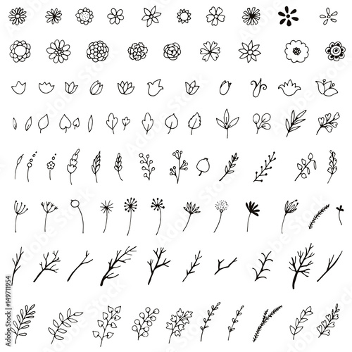 Set of simple doodles of flowers and twigs