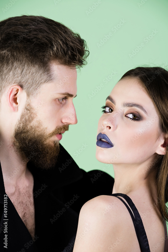 sexy couple, bearded man, girl with long hair, black lips sexy couple, bearded man, girl with long hair, black lips