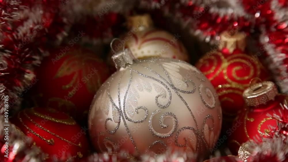 Christass decorations balls on rotating table close-up. Christass decorations balls on rotating table close-up.