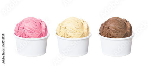 Neapolitan ice cream scoops in white cups of chocolate, strawberry, and vanilla flavours isolated on white background (clipping path included)