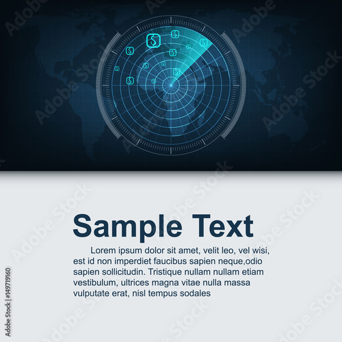 radar searching money on world map, business concept, vector illustration