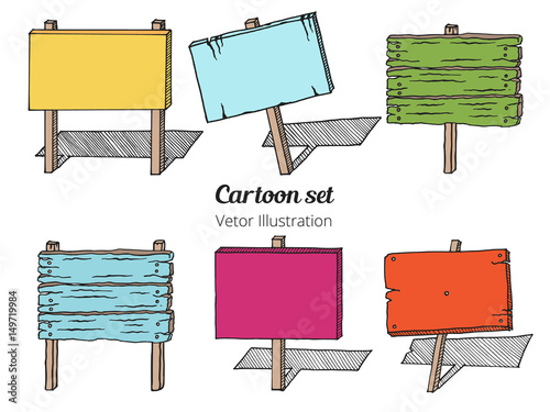 Colorful Sketch set of wooden signboards. Set of old wooden sign board in cartoon style. Isolated Hand drawn vector illustration. Shabby, crooked billboard and sign board with place for text