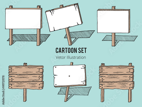 Sketch set of wooden signboards. Set of old wooden sign board in cartoon style. Isolated Hand drawn vector illustration. Shabby, crooked billboard and sign board with place for text