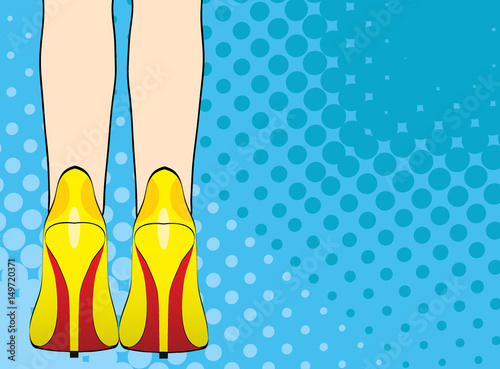 Legs of woman in yellow shoes on high heels pop art comic style fashion vector