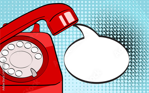 Pop art background red old phone and empty speech bubble for your offer. Vector colorful hand drawn illustration in retro comic style.